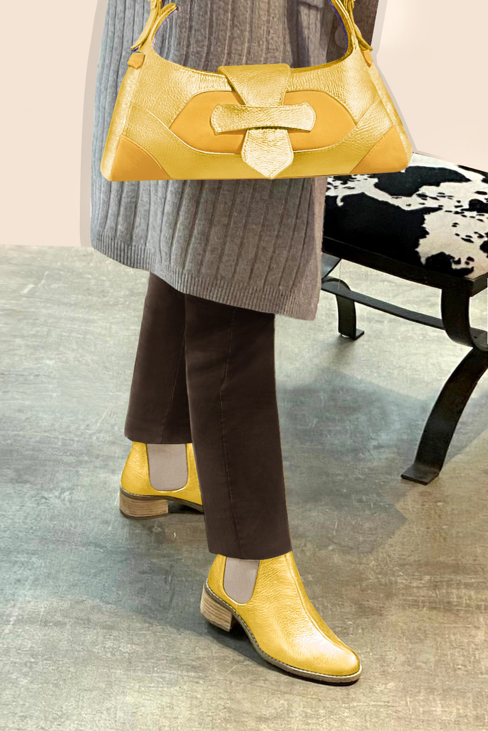 Dress handbag in yellow leather - Worn view